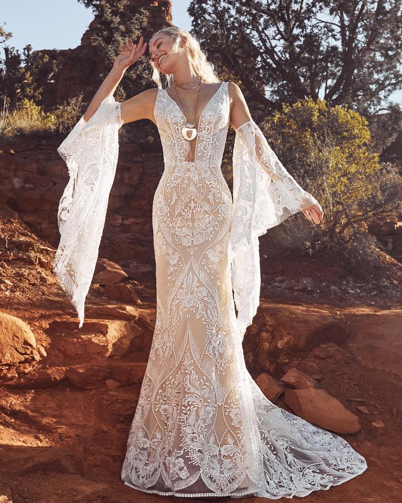 Lp2020 lace boho wedding dress with bell sleeves and tank straps3